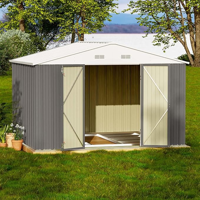 Patiowell 10 x 8 FT Outdoor Storage Shed with Floor Frame, Large Garden Tool Metal Shed with Sloping Roof and Double Lockable Door for Backyard Garden Patio Lawn,Grey