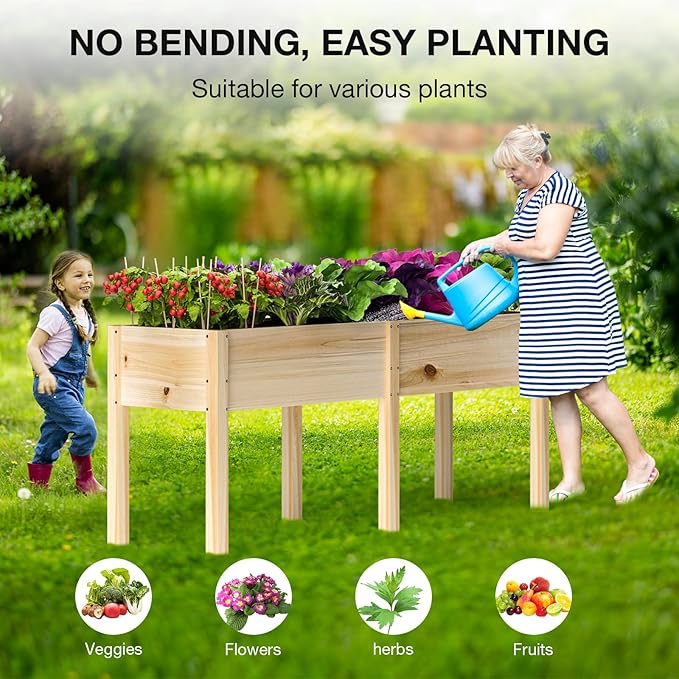 MIXC 72”L X 23”W Raised Garden Bed Outdoors with Legs, Elevated Reinforced Wooden Large Planter Box for Backyard, Patio, Balcony w/Divider Panel, 6 Legs, 300lb Capacity