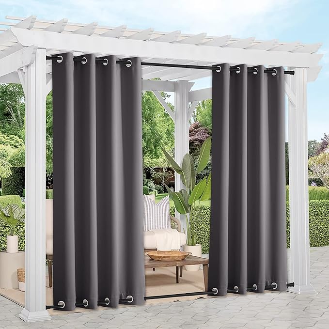 NICETOWN 2 Panels Outdoor Curtains Weighted Sunblock with Rustproof Grommet Top and Bottom, Thermal Insulated Fixed Windproof Blackout Outdoor Curtain Drapes Privacy for Patio, W52 x L95, Grey