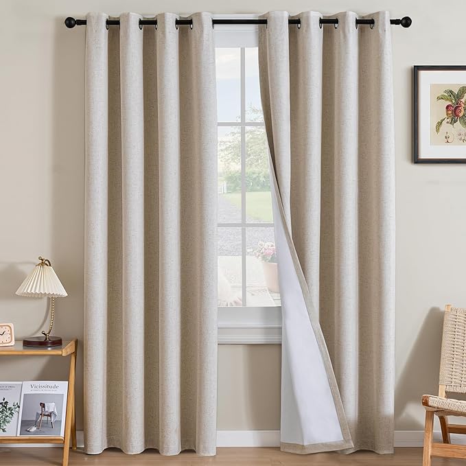 H.VERSAILTEX Linen Curtains 100% Blackout Curtains for Bedroom 84 inch Long Full Light Blocking Nature Linen Blended Window Curtains for Living Room Nickel Grommet (2 Panels, Heathered Natural)
