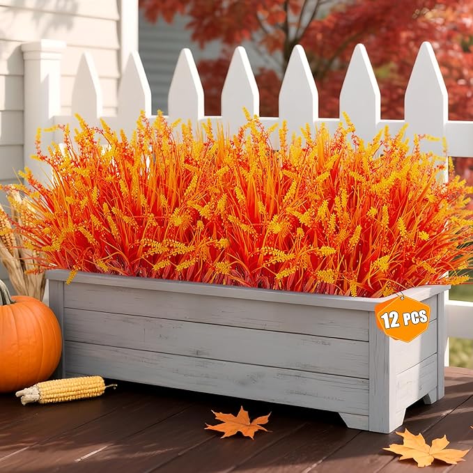 Artificial Fake Plants Flowers for Outdoors Fall Decor, 12 Bundles Fall Leaves Faux Lavender Flowers for Autumn Decoration, Fake Shrubs UV Resistant Planter No Fade for Garden Porch Balcony(Orange)