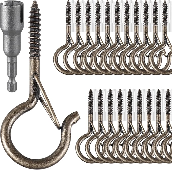 48 PCS Q-Hanger Hooks, Screw Hooks for Outdoor String Lights, Safety Buckle Design Cup Eye Hook for Hanging Christmas Lights, Plants, Mounted on Wall Ceiling, Include 1 Wing Nut Driver, Copper