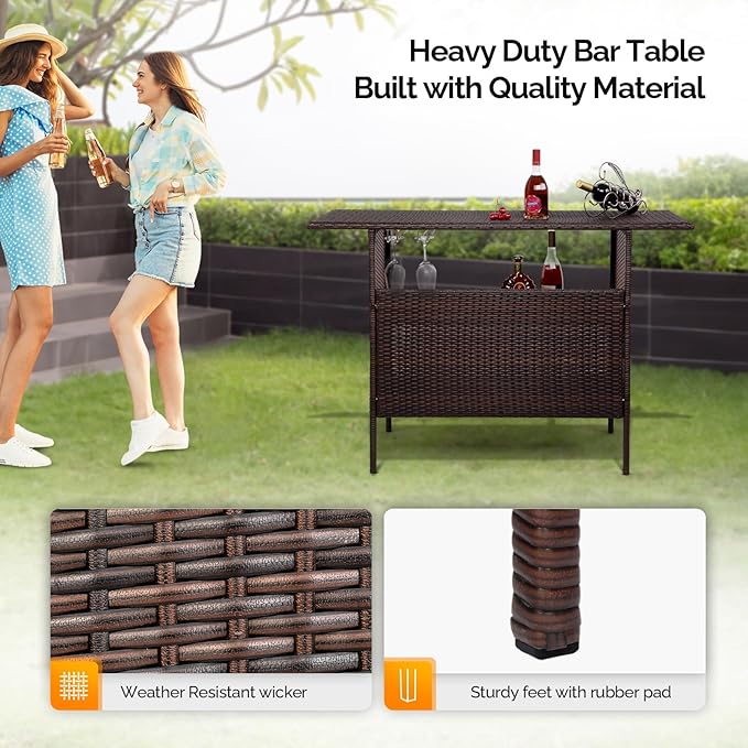 VINGLI Wicker Outdoor Bar Table with 2 Steel Shelves, Sets of Rails, Rattan Patio Storage for Backyard, Poolside, Garden