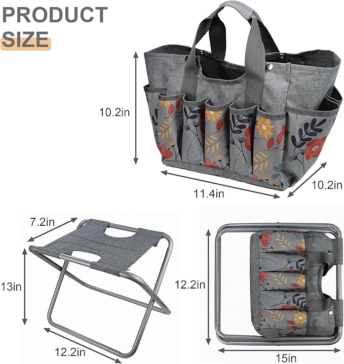 MDSTOP Folding Gardening Stool with Detachable Storage Tote Bag, Gardening Tools Set Organizer for Fishing Outdoor Sports Hiking Camping Garden, Gardening Gifts for Mom/Dad, Without Tools (Aluminum)