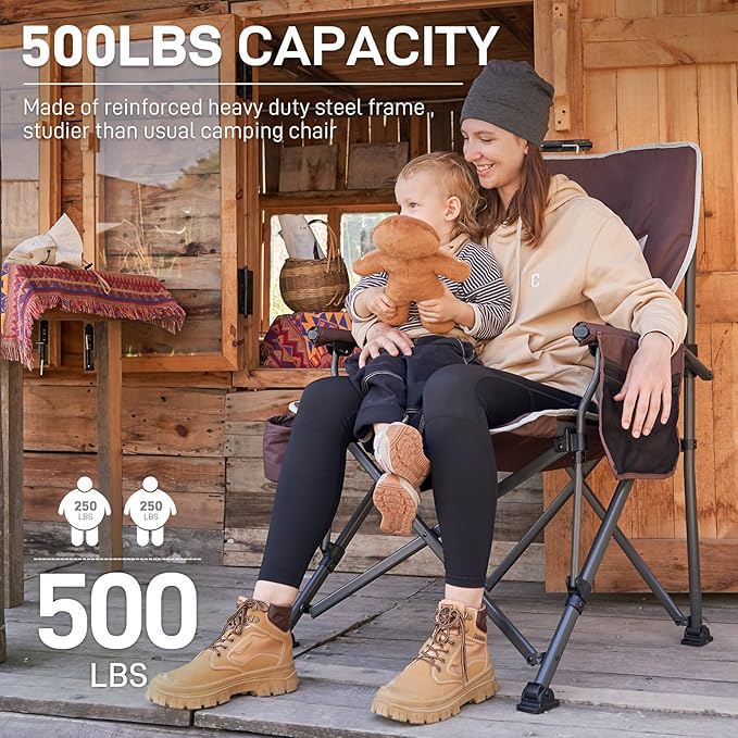 EVER ADVANCED Oversized Folding Camping Chair, for Adults Heavy Duty Lawn Chair with Side Pockets, Portable Collapsible Quad Chair for Outside, Support Up to 500lbs, Red