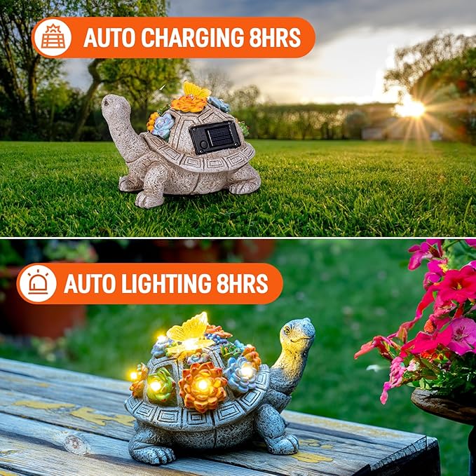 Solar Garden Outdoor Statues with Succulent and 7 LED Lights - Lawn Decor Tortoise Statue for Patio, Balcony, Yard Ornament - Unique Housewarming Gifts (Gray Turtle)