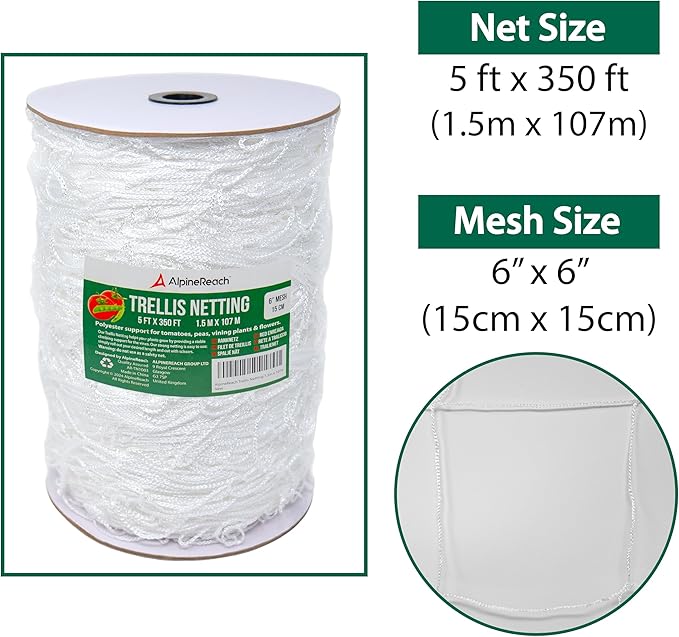 AlpineReach Trellis Netting 5 x 350 ft Heavy Duty Polyester White - 6 Inch Mesh Support Twine for Growing High Yield Tomatoes, Peas, Vine Climbing Plants Fruits Vegetables