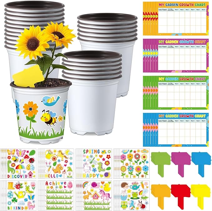 Capoda 24 Sets Garden Flower Pots Crafts Kit DIY Spring Plastic Seedling Nursery Pots with Stickers Plant Labels Growth Charts Planting Growing Tools Classroom Activities Project Gifts (Round)