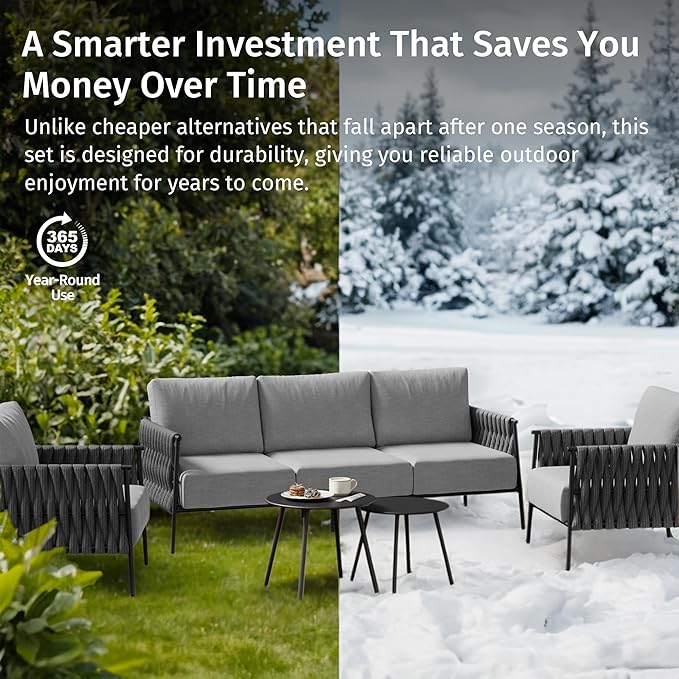 EAST OAK 5-Piece Patio Furniture Set | Life Chatter 5-Seat Outdoor Furniture | Deep Seating & Two Coffee Tables | Waterproof Extra-Thick Cushions | Porch, Balcony & Backyard | Earth Black & Misty Grey