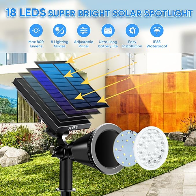 KEV 800 Lumens Solar Spot Lights Outdoor,18 LEDs Solar Flood Lights with 2 Modes &Adjustable &IPX65 Waterproof,Solar Spotlight for Driveway/Backyard/Patio Landscape/Tree/Garage(Cool White, 4 Pack)