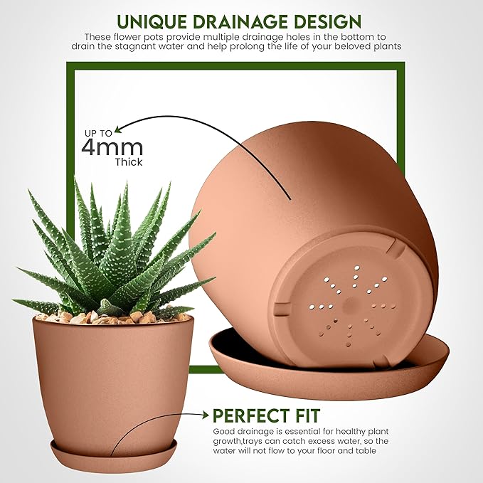 Utopia Home - Plastic Terracotta Pots with Drainage - 7/6.6/6/5.3/4.8 Inches Flower Pots for Indoor Planter - Pack of 5 Plastic Planters, Cactus, Succulents Pot