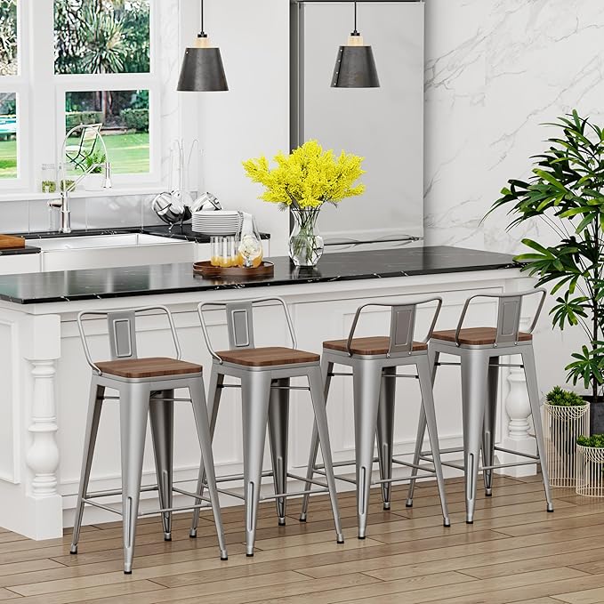 Yongchuang 30 inch Bar Stools Set of 4 Bar Height Metal Barstools with Wood Seat Low Back Kitchen Bar Chairs Silver