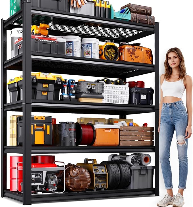 Garage Shelving-3000 lbs 5 Tier Storage Shelves,Adjustable Heavy Duty Metal Shelving Unit and Storage Large Wire Rack,Utility Steel Shelf for Warehouse Industrial Pantry Basement -78"x46"x20",Black