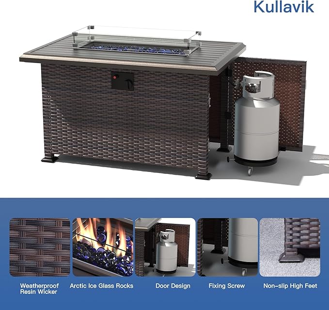 Kullavik 15PCS Outdoor Patio Furniture Set with 43" 55000BTU Gas Propane Fire Pit Table PE Wicker Rattan Sectional Sofa Patio Conversation Sets w/8 Coner Sofas,Navy Blue