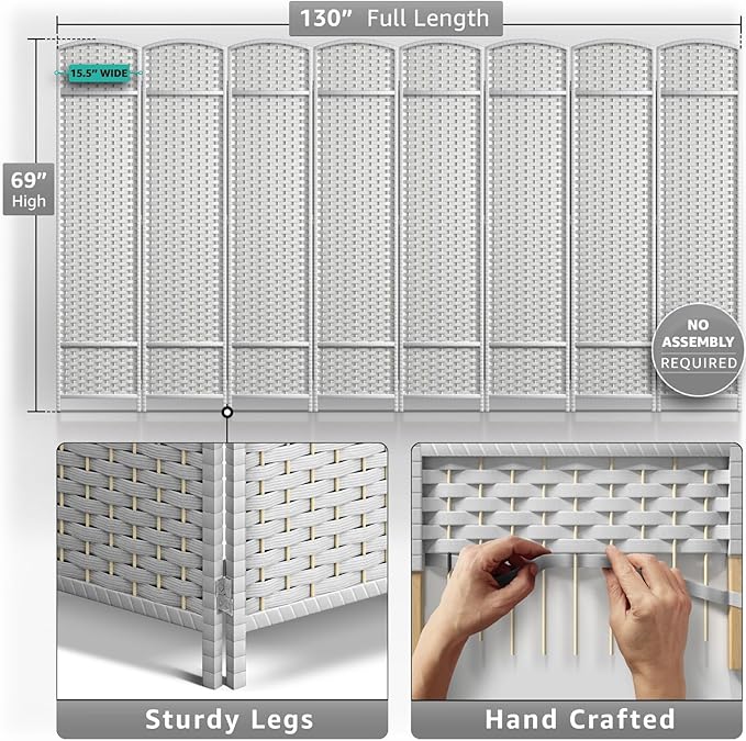 Sorbus 8 Panel Room Divider 6 ft. Tall - Privacy Screen, Extra Wide Double Hinged Panels, Mesh Hand-Woven Design, Partition Room Dividers and Folding Privacy Screens, Wall Divider for Room Separation