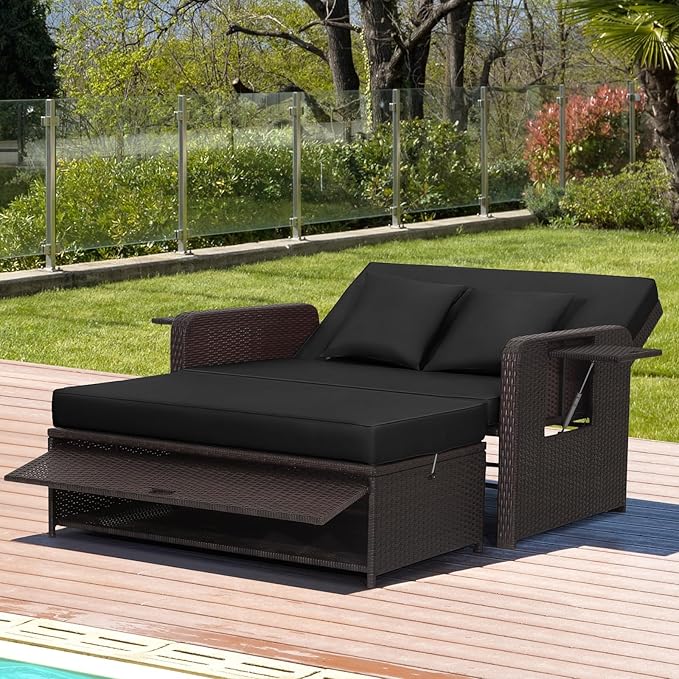 Nightcore Wicker Patio Outdoor Daybed, Outdoor Chaise Lounger w/ 4-Level Adjustable Backrest, Retractable Side Trays, Storage Ottoman, Comfortable & Removable Cushions, Rattan Loveseat (Black)