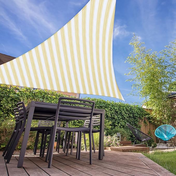 E&K Sunrise 28' x 28' x 28' Sun Shade Sail Triangle Canopy Shade Cover UV Block for Patio Backyard Garden Outdoor (Beige White Strip)