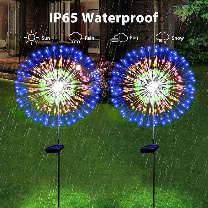 Solar Garden Firework Lights Outdoor Waterproof 2 Pack Solar Powered Art Stake Twinkle Lighting Outside Solar Lights Upgrad 180 LED Sparklers Lights for Yard Party Decorations (Colorful)