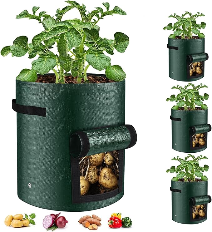 10 Gallon 3-Pack Potato Grow Bags, Heavy Duty PE Fabric Pots with Flap and Handles, Green Planter Bags for Potato Vegetables Outdoor Garden, 17.7''x13.8'' Large for All Plants Growing