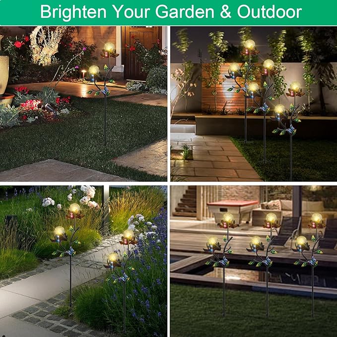 VCUTEKA Solar Garden Flowers with LED Light Crackle Glass Globe Solar Lights Outdoor Metal Stake Wind Spinner for Garden Decoration, Patio Decor, Yard Decor and Gift for Mother