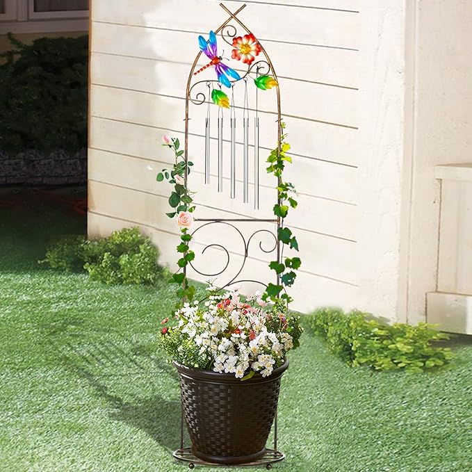 Plant Stands with Garden Trellis, 48” Metal Standing Wind Chimes Plant Pot Trellis with Dragonfly for Garden Patio Backyard Climbing Plants Outdoor Decor