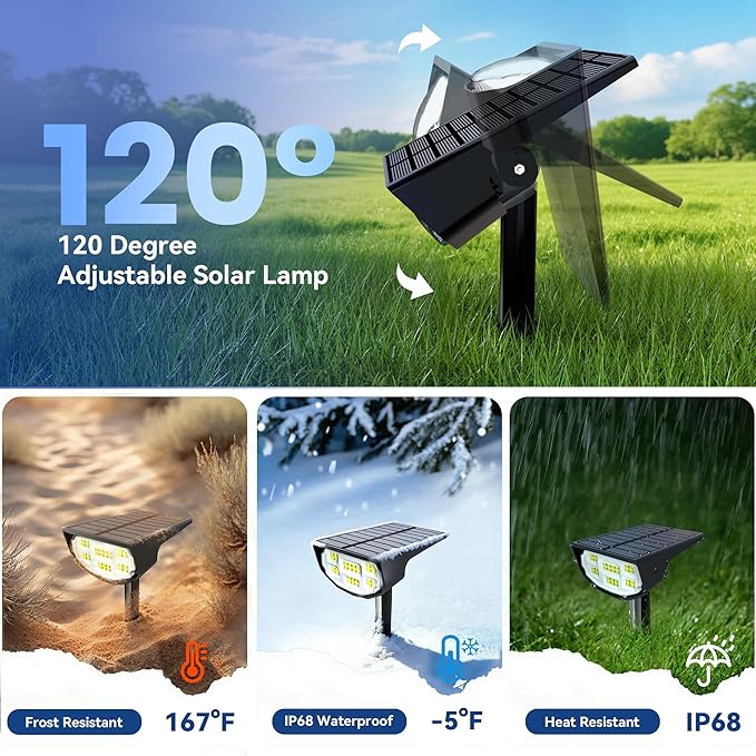 Solar Spot Lights Outdoor IP68 Waterproof, Ultra-Bright Performance，Simple Modes for Easier Operation, Auto On/Off，Solar Powered Landscape Lights for Garden, Yard, Pathway (Cool White, 6 Pack)