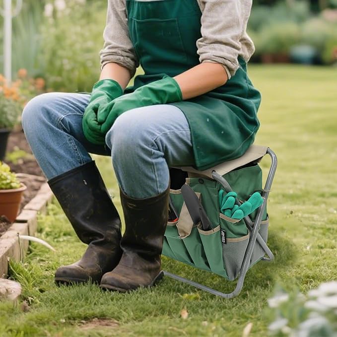 MDSTOP Folding Gardening Stool with Detachable Storage Tote Bag, Gardening Tools Set Organizer for Fishing Outdoor Sports Hiking Camping Garden, Gardening Gifts for Mom/Dad and Gardeners (Polyester)