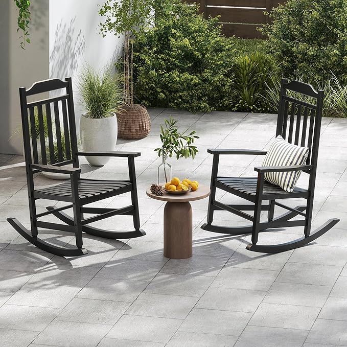 Patio Rocking Chair Outdoor Set of 2,Weather Resistant Poly Resin Oversized Porch Rocker,High Back Smooth Design,350lb Weight Capacity,Indoor Outdoor Use(2, Black)