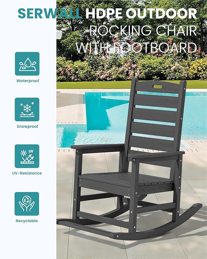 SERWALL Outdoor Rocking Chair, Oversized Rocking Chair with Footrest for Adults, HDPE All Weather Resistant Rocking Chairs for Patio, 350lbs Weight Capacity, Gray