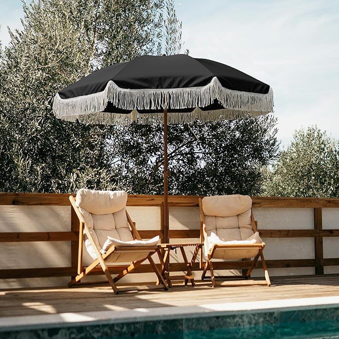 AMMSUN 7ft Patio Umbrella with Fringe Outdoor Tassel Umbrella UPF50+ Premium Steel Pole and Steel Ribs Push Button Tilt, Black