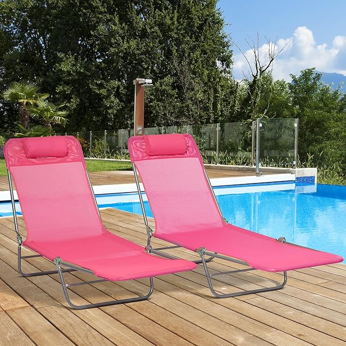 Outsunny 2 Piece Folding Chaise Lounge Chairs, Pool Sun Tanning Chairs with Reclining Back, Breathable Mesh Seat, Headrest for Beach, Yard, Patio, Pink