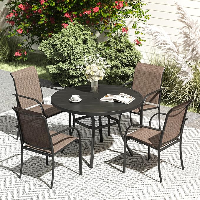 VICLLAX Patio Dining Set for 4, Outdoor Furniture Set Includes 41.2" Round Patio Table and 4 Patio Sling Chairs, Black Tabletop and Brown Fabric