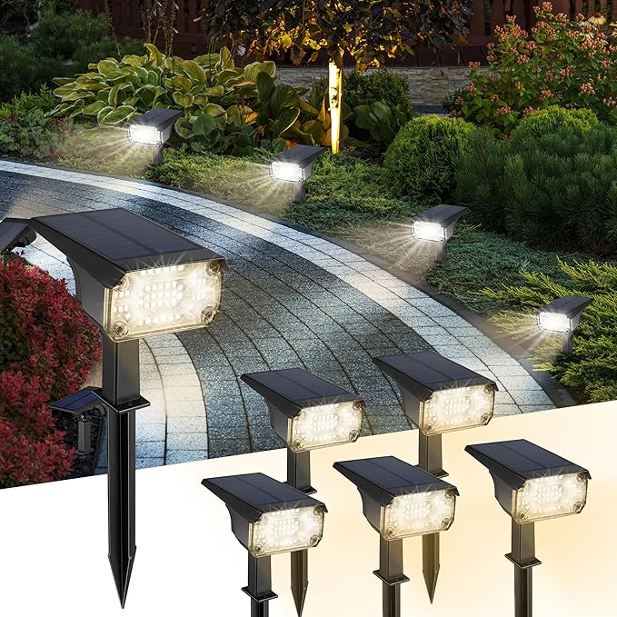Kingsyard Solar Lights Outdoor Waterproof IP68, 47 LEDs 3 Lighting Modes USB & Solar Powered Garden Yard Pathway Spot Lights for Outside Landscape, Auto On/Off, 6 Pack(Warm White)