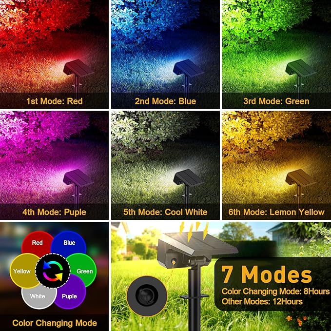 Solar Color Changing Spot Lights Outdoor Waterproof IP65, [4 Pack/32 LED/7 Modes] 2-in-1 Landscape Spotlights, Auto On/Off High Lumens Solar Spot Lights for Outside Yard Garden Pathway Walkway
