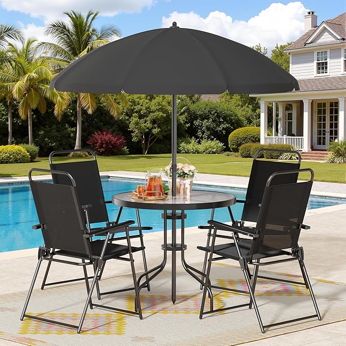 Shintenchi 6 Piece Patio Dining Set with Umbrella, Outdoor Furniture Set with 4 Folding Chairs and Tempered Glass Top Dining Table fot Lawn Backyard Garden Porch Black