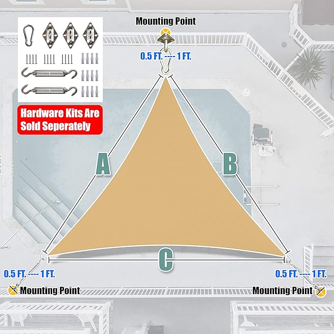 Amgo Custom Size 9' x 9' x 9' Sand Beige Triangle Sun Shade Sail Order to Make Canopy Awning UPF50+ AGSLT, 95% UV Blockage, Water & Air Permeable, 200GSM Commercial Standard (We Customize)