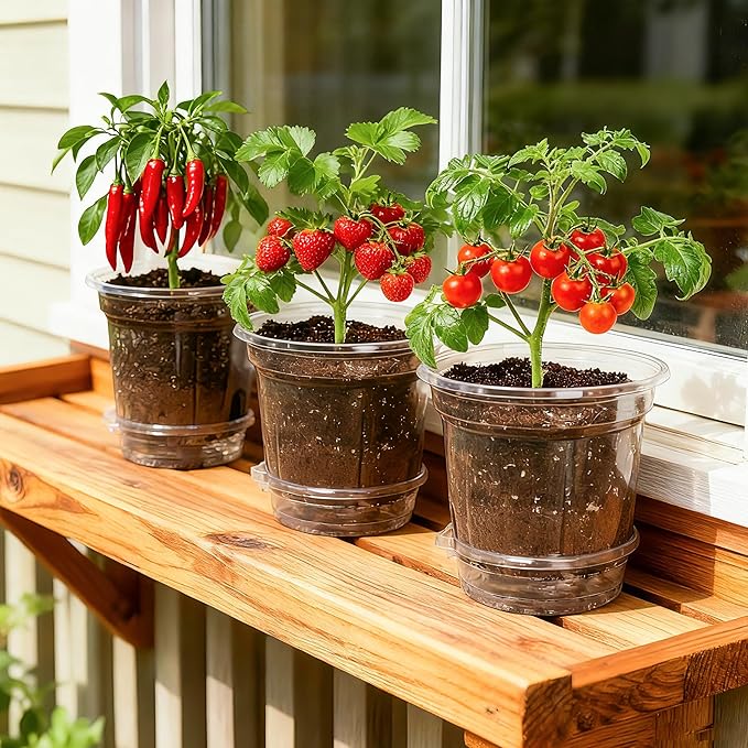 12 Pack 6.5 Inch Clear Self Watering Plant Pots with Bottom Water Tray & Watering Rope, Transparent Nursery Pots with Drainage for Seedlings, Herbs, and Houseplants