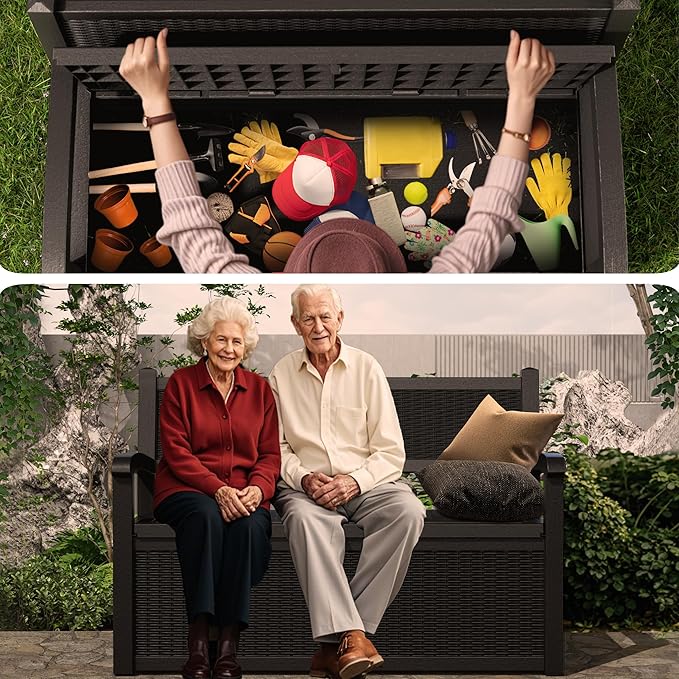 DRATO 75 Gallon Storage Bench Deck Box Outdoor Indoor,Lockable Durable All-Weather Seating with Hidden Storage,Deck Storage for Garden, Pool, Patio,Black