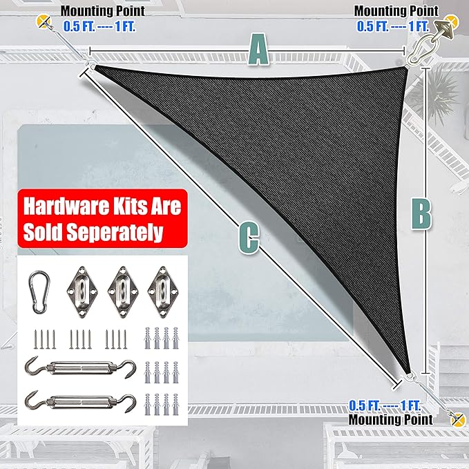 Amgo Custom Size 9' x 17' x 19.2' Black Right Triangle Sun Shade Sail UPF50+ AGTAPRT12, Order to Make Canopy Awning, 95% UV Blockage, Water & Air Permeable, Commercial Standard (We Customize)