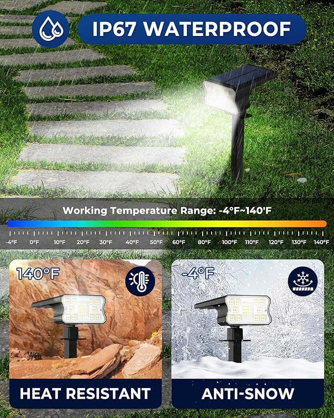 HGGH Solar Lights Outdoor Waterproof IP67, 60 LED 3 Lighting Modes Solar Spot Lights Outdoor for Yard Garden Pathway Landscape, Auto On/Off, Function 2 in 1(Cool White, 4 Pack)