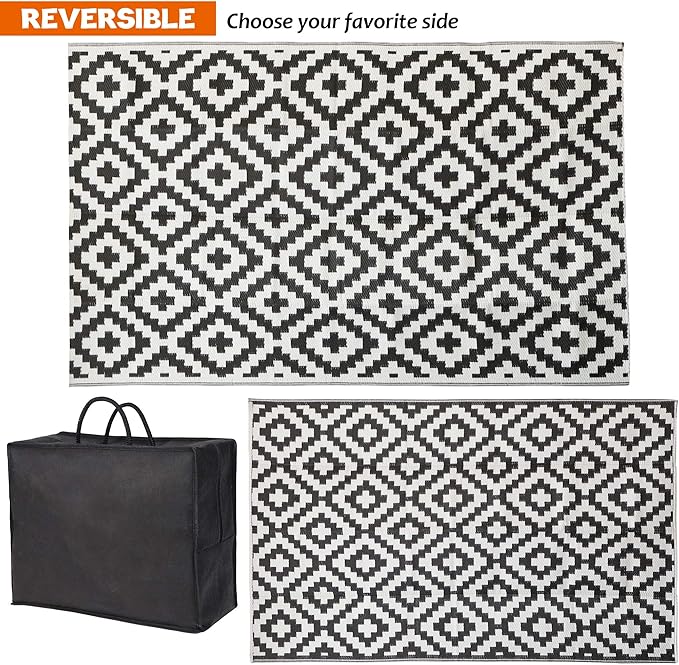 SAND MINE Waterproof Outdoor Rug 5x8 ft, Plastic Reversible Rug, Modern Area Rug, Large Floor Mat for Outdoors, RV, Patio, Backyard, Deck, Picnic, Beach, Camping (5' x 8', Black & White Lattice)