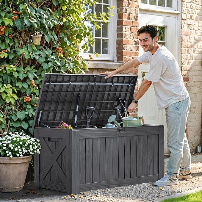 Greesum 120 Gallon Deck Box, Resin Outdoor Storage Container for Patio Furniture, Garden Tools, Pool Accessories, Weatherproof, Lockable, Gray
