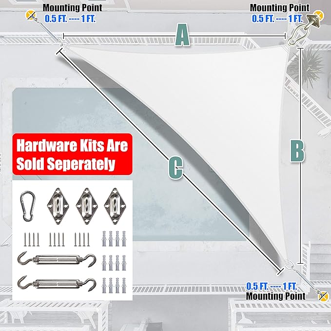 Amgo Custom Size 15' x 16' x 21.9' White Right Triangle Sun Shade Sail UPF50+ AGTAPRT12, Order to Make Canopy Awning, 95% UV Blockage, Water & Air Permeable, Commercial Standard (We Customize)