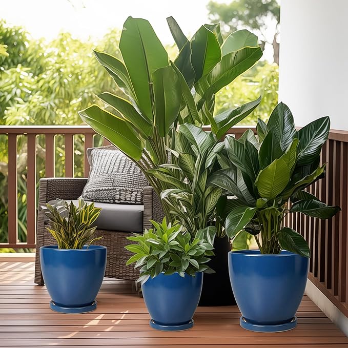 Ceramic Plant Pot - 8 Inch Planter for Indoor Outdoor Plants, Round Flower Pots with Drainage and Tray, Home Office Decor, Blue