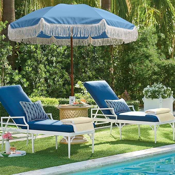 AMMSUN 7ft Patio Umbrella with Fringe Outdoor Tassel Umbrella UPF50+ Premium Steel Pole and Ribs Push Button Tilt, Sky Blue