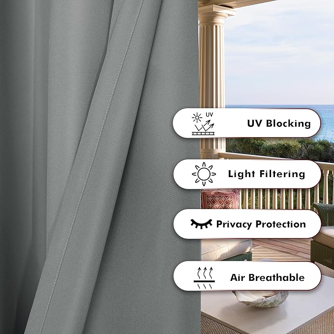 BONZER Outdoor Curtains for Patio Water Resistant Heavy Privacy Light Filtering Grommet Outside Curtains for Porch, Pergola, Gazebo, 1 Panel, 84W x 108L inch, Grey