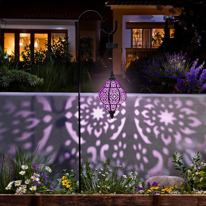 Hanging Solar Lights Outdoor Garden Decor Solar Lantern Waterproof Plastic Moroccan Outdoor Decorations for Patio Pathway Yard Backyard Garden Decorative (1, Purple)