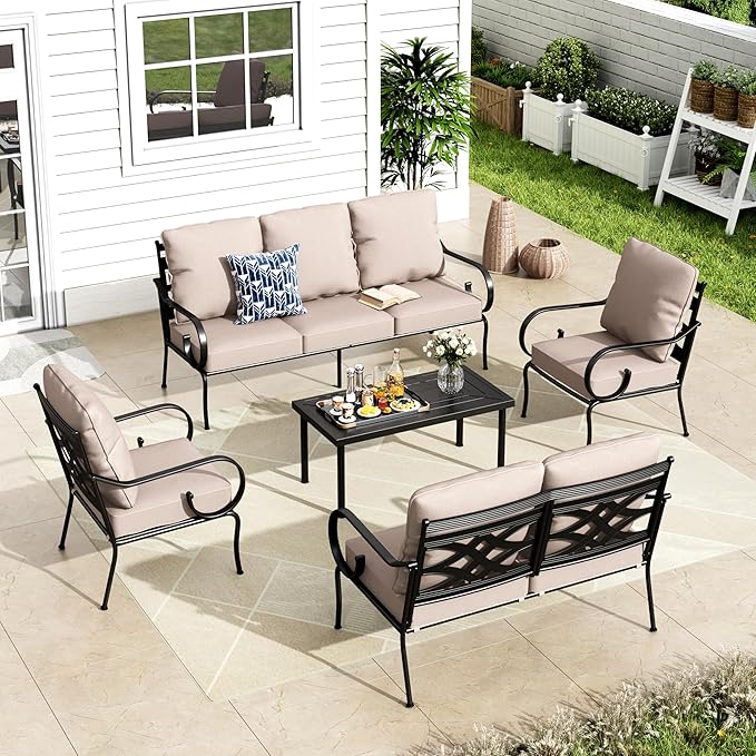 MFSTUDIO 7 Seats Large Metal Patio Conversation Sets, 5 Pieces Outdoor Furniture Sofa with 2 Fixed Chairs, 1 Sofa(3-seat), 1 Loveseat and Table for Outside Balcony Backyard Poolside