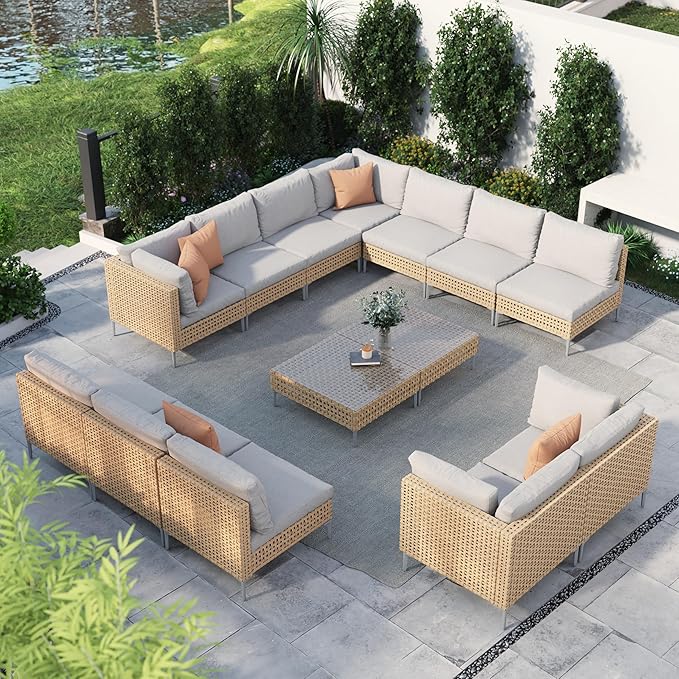 Grand patio 14-Piece Wicker Patio Furniture Set, Boho Outdoor Conversation Set Sectional Sofa with Water Resistant Beige Thick Cushions and Coffee Table, Cream