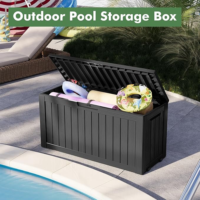 Outdoor Storage Box, Resin Deck Boxes Indoor and outdoor, Waterproof Storage Box Lockable Lid (Black, 80 Gallon)